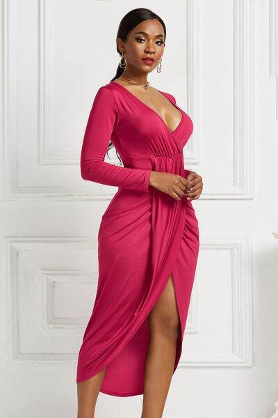 High-low Ruched Surplice Long Sleeve Dress - Hovatok