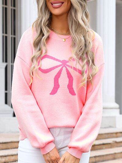 Angel Wings Bow Graphic Round Neck Long Sleeve Sweater - Hovatok