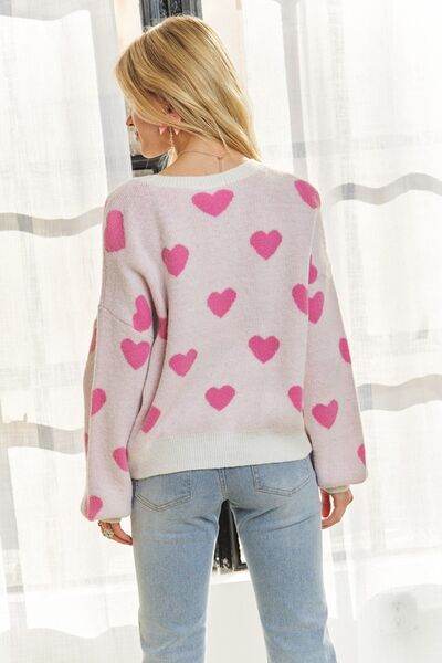 ADORA Heart Round Neck Drop Shoulder Sweater - Hovatok