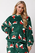 Christmas Hat Pattern Round Neck Long Sleeve Top and Pants Set - Hovatok