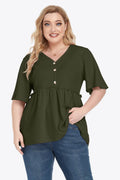 Plus Size Buttoned V-Neck Frill Trim Babydoll Blouse - Hovatok