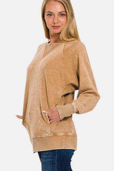 Zenana Pocketed Round Neck Sweatshirt - Hovatok