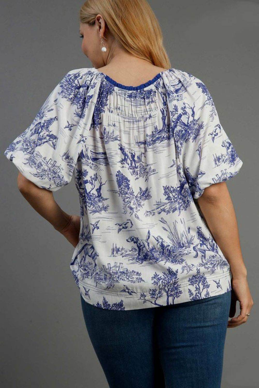 Umgee Full Size Two Tone Landscape Round Neck Print Top Plus Size - Hovatok