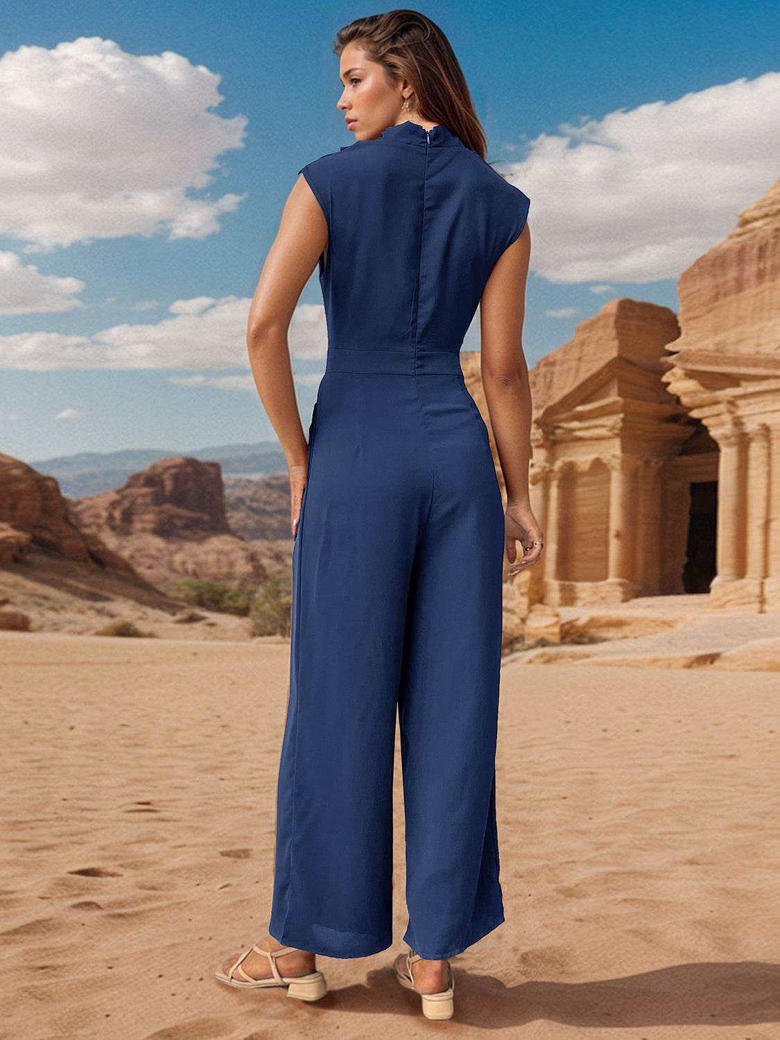 Perfee Ruched Mock Neck Sleeveless Jumpsuit - Hovatok