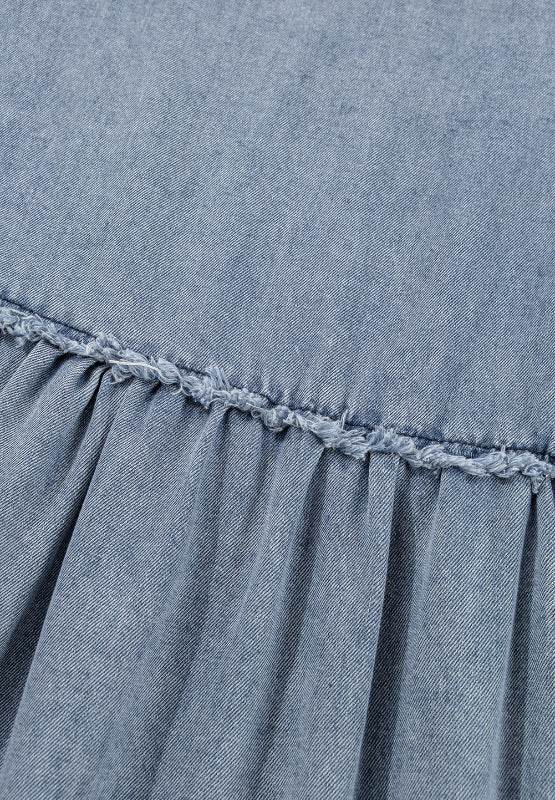 Cutout Round Neck Balloon Sleeve Denim Dress - Hovatok