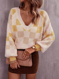 Angel Wings Checkered V-Neck Lantern Sleeve Sweater - Hovatok