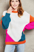 Angel Wings Color Block Round Neck Drop Shoulder Sweater - Hovatok