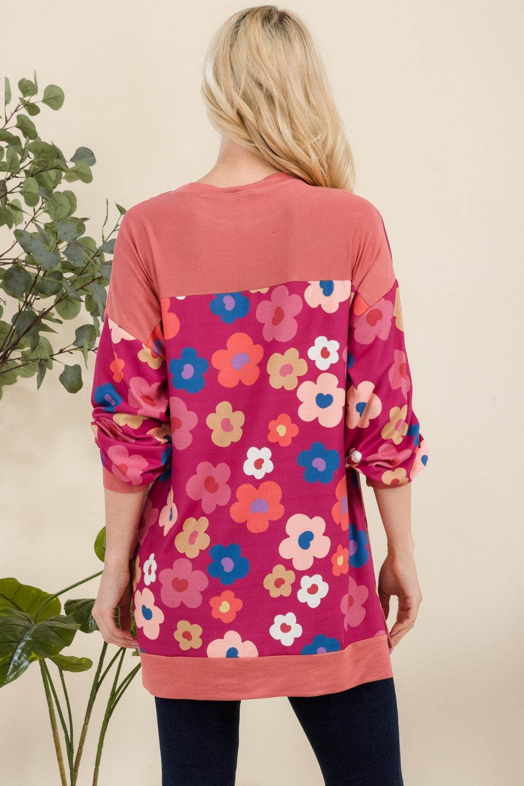Celeste Full Size Side Slit Flower Print Long Sleeve Top - Hovatok