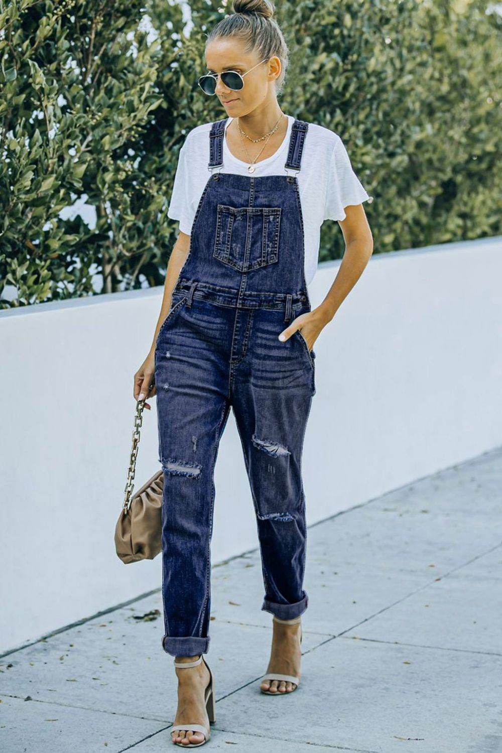 Pocketed Distressed Denim Overalls - Hovatok