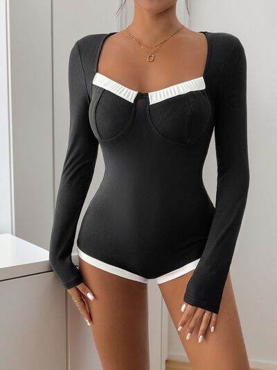 Perfee Ribbed Contrast Long Sleeve Bodysuit - Hovatok