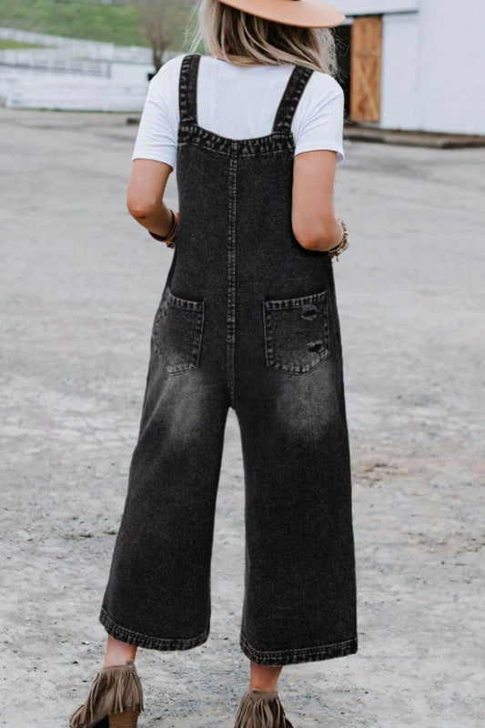 Distressed Wide Strap Denim Overalls - Hovatok