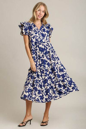 Umgee Full Size Floral Collared Ruffle Cap Sleeve Midi Dress Plus Size - Hovatok