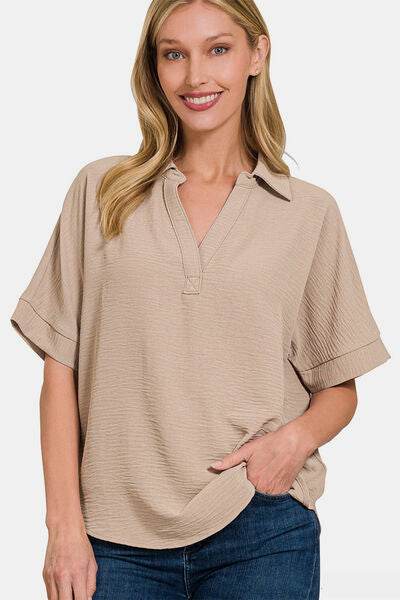 Zenana Texture Collared Neck Short Sleeve Top - Hovatok