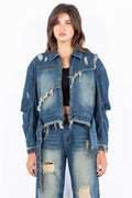 American Bazi Full Size Distressed Frayed Edge Zip Up Denim Jacket Plus Size - Hovatok