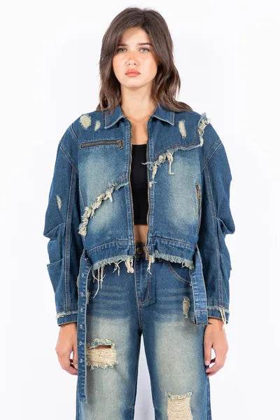American Bazi Full Size Distressed Frayed Edge Zip Up Denim Jacket Plus Size - Hovatok