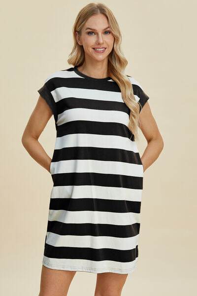 Basic Bae Full Size Striped Round Neck Cap Sleeve Mini Dress - Hovatok