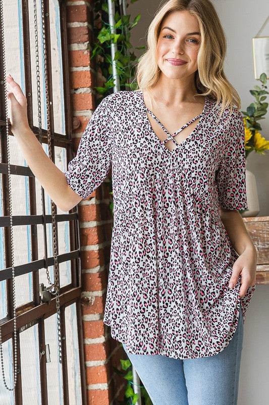 Heimish Full Size Short Sleeve Crisscross Animal Babydoll Top Plus Size - Hovatok