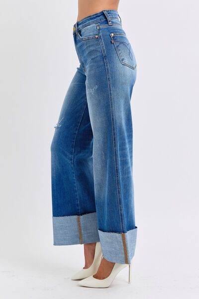 Judy Blue Full Size Distressed High Waist Wide Leg Jeans - Hovatok