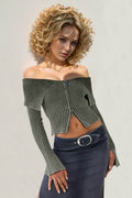Double Take Ribbed Off-Shoulder Zip Up Long Sleeve Cardigan - Hovatok