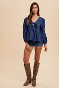 Annie Wear Tie Front Peplum Long Sleeve Denim Top - Hovatok