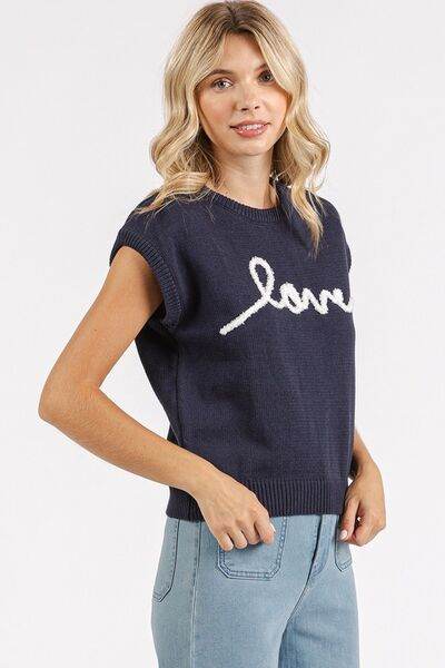 Mittoshop Contrast Letter Round Neck Cap Sleeve Knit Top - Hovatok
