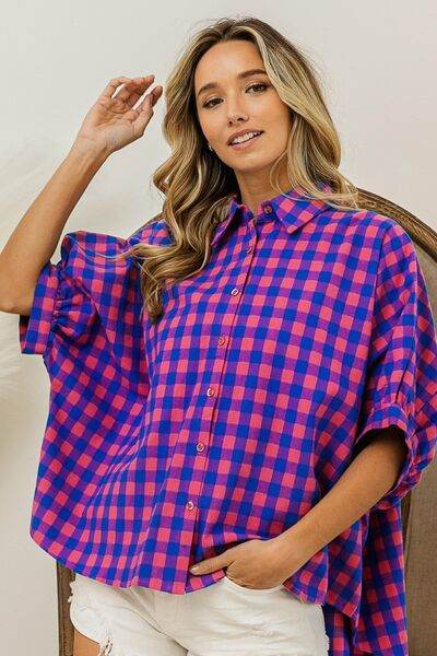 BiBi Plaid Button Up Dolman Sleeve Shirt - Hovatok