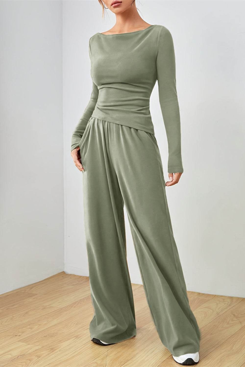 Boat Neck Long Sleeve Top and Pants Set - Hovatok