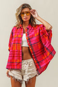BiBi Button Up Dolman Sleeve Plaid Shirt - Hovatok