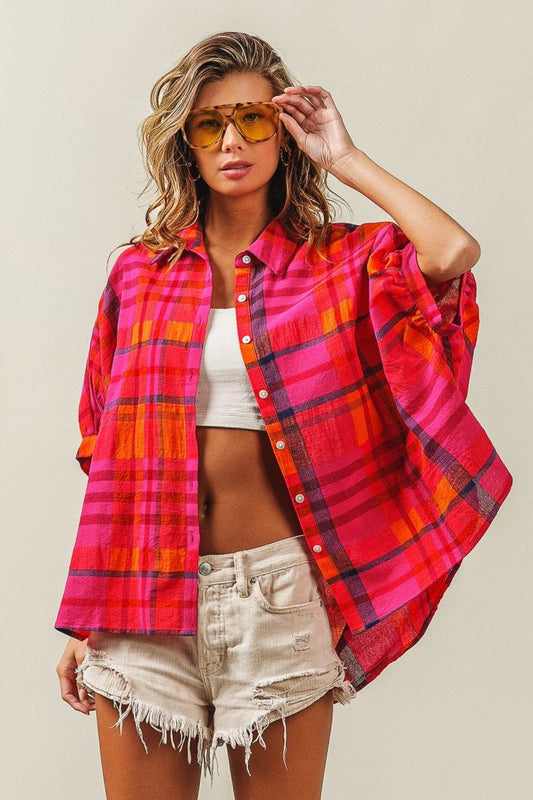 BiBi Button Up Dolman Sleeve Plaid Shirt - Hovatok