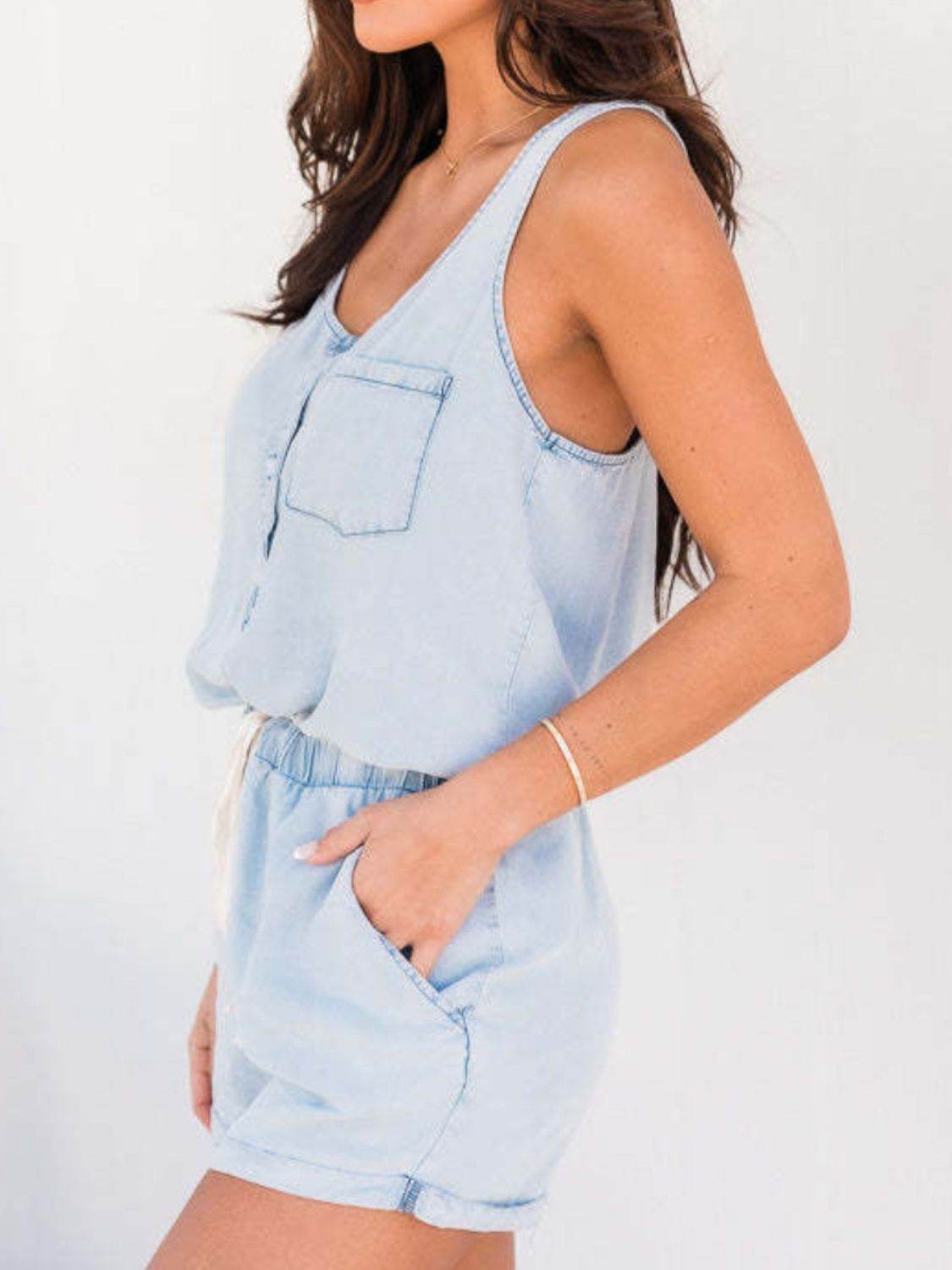 Pocketed Half Button Sleeveless Denim Romper - Hovatok