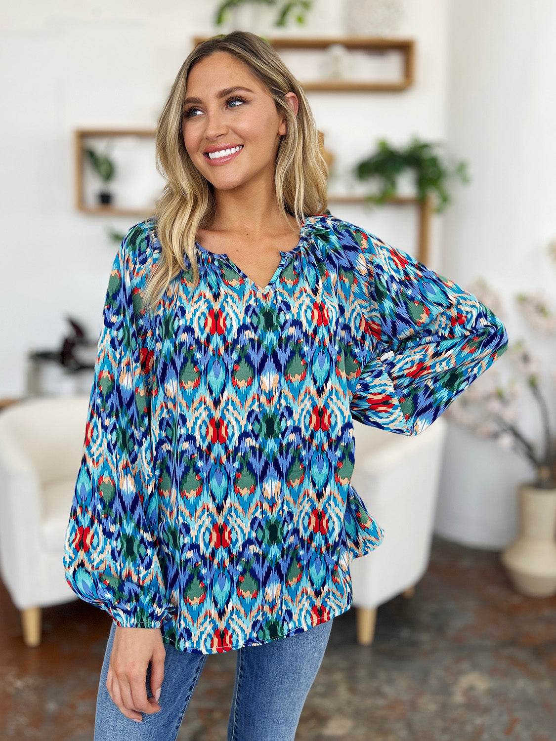 Double Take Full Size Printed Balloon Sleeve Blouse - Hovatok