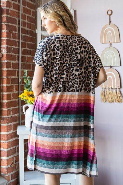 Heimish Full Size Animal Leopard and Stripe Open Cardigan Plus Size - Hovatok