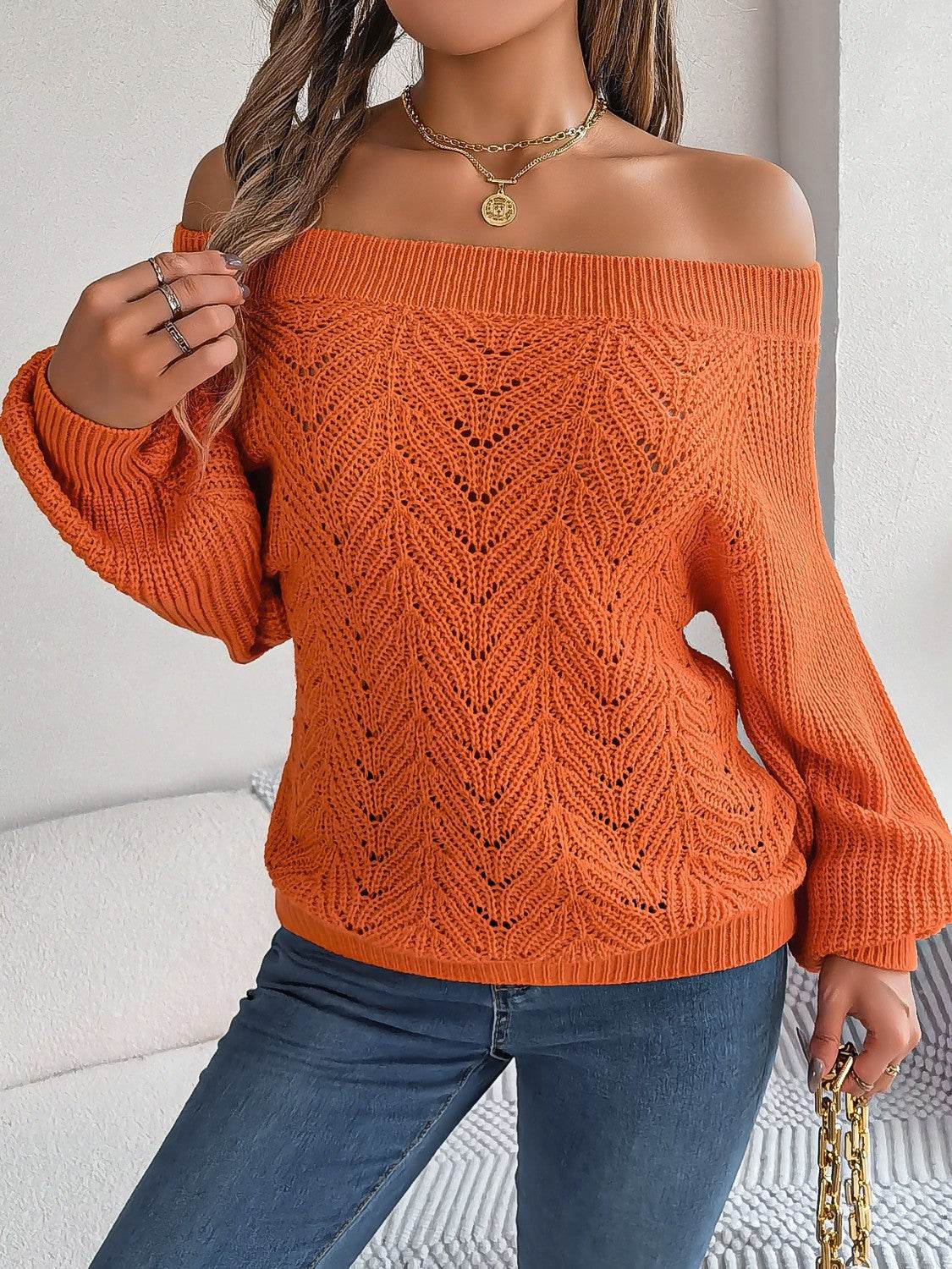 Openwork Off-Shoulder Long Sleeve Sweater - Hovatok