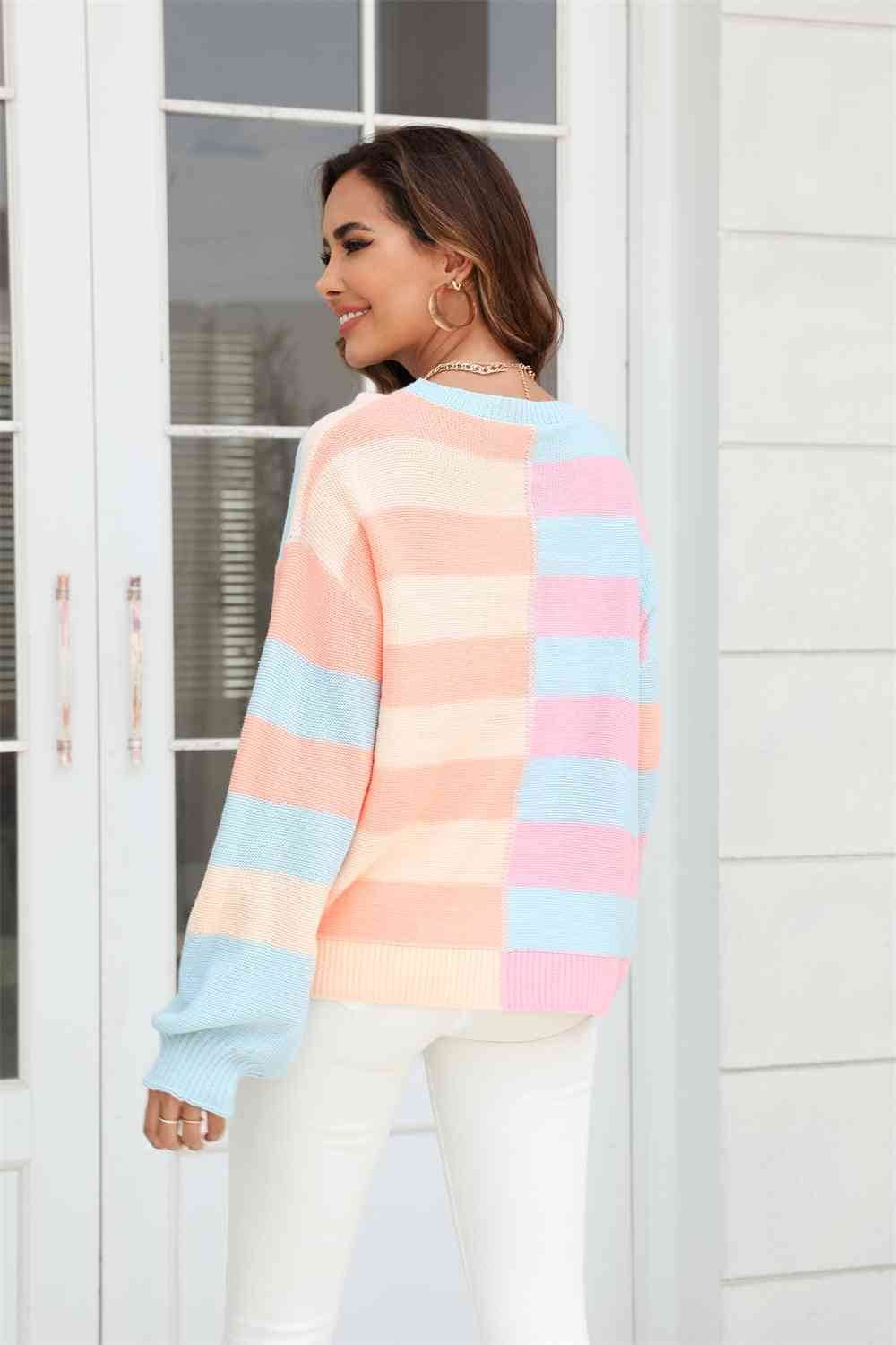 Angel Wings Round Neck Long Sleeve Color Block Dropped Shoulder Pullover Sweater - Hovatok