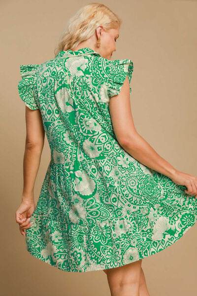 Umgee Full Size Printed Ruffle Cap Sleeve Babydoll Dress Plus Size - Hovatok