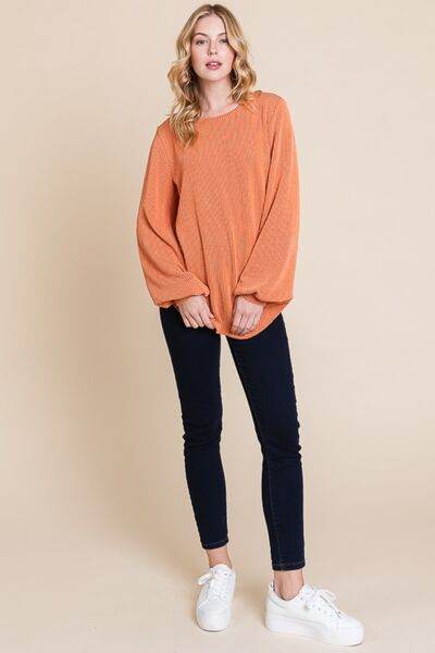 BOMBOM Long Sleeve Curved Hem Ribbed T-Shirt - Hovatok