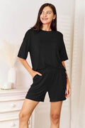 Basic Bae Bamboo Full Size Round Neck Drop Shoulder T-Shirt and Shorts Set - Hovatok