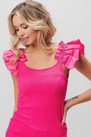 BiBi Ruffled Shoulder Strap Rib Texture Top - Hovatok