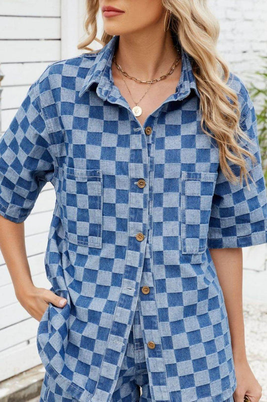 Button Down Checkered Denim Shirt - Hovatok