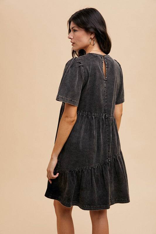 Annie Wear Mineral Washed Round Neck Short Sleeve Denim Dress - Hovatok