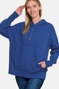 Zenana Half Snap Long Sleeve Hoodie with Kangaroo Pocket - Hovatok