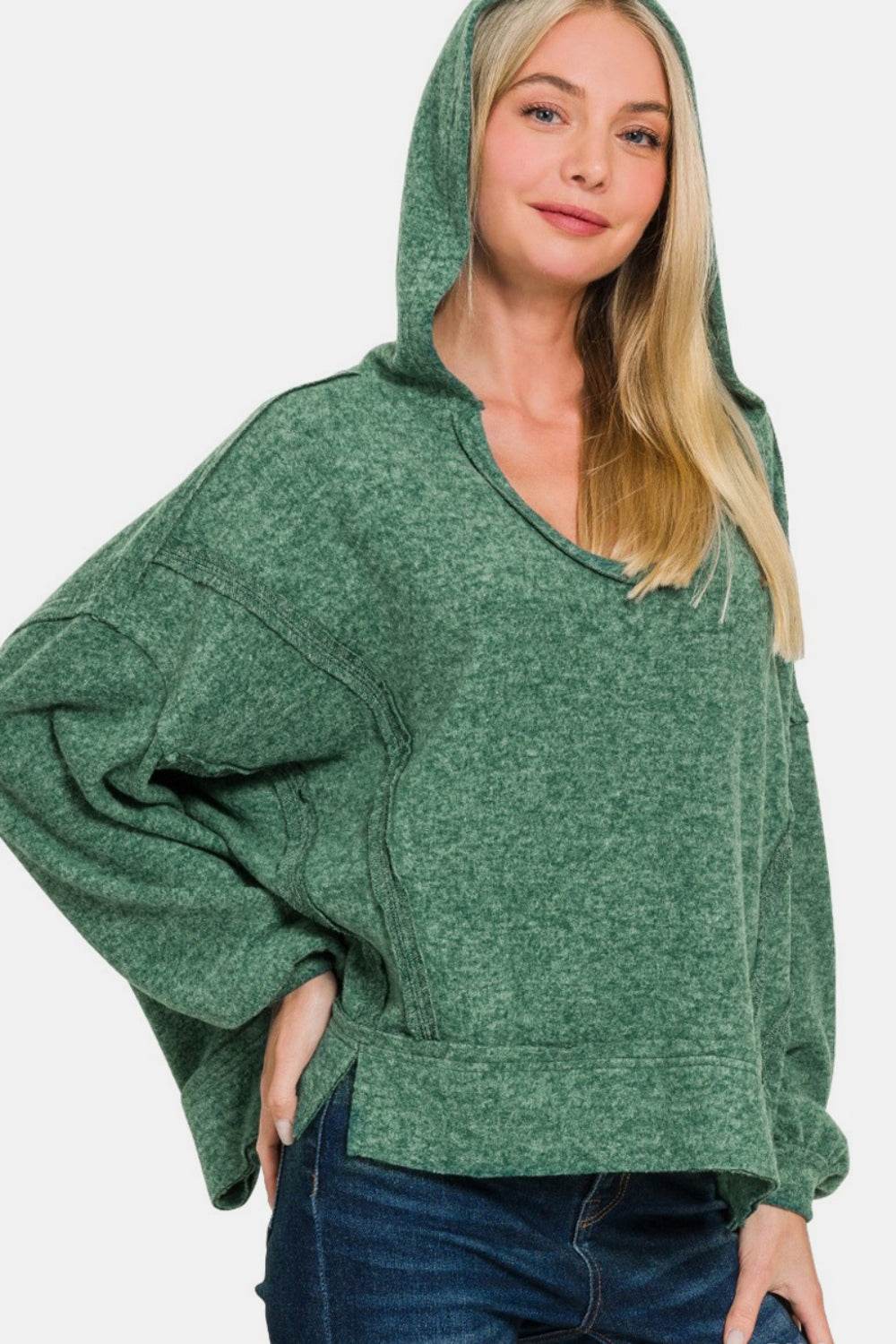 Zenana Brushed Hacci Exposed Seam Hoodie - Hovatok