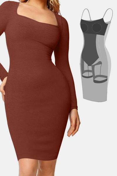 Basic Bae Full Size Built-In Shapewear Square Neck Long Sleeve Dress - Hovatok