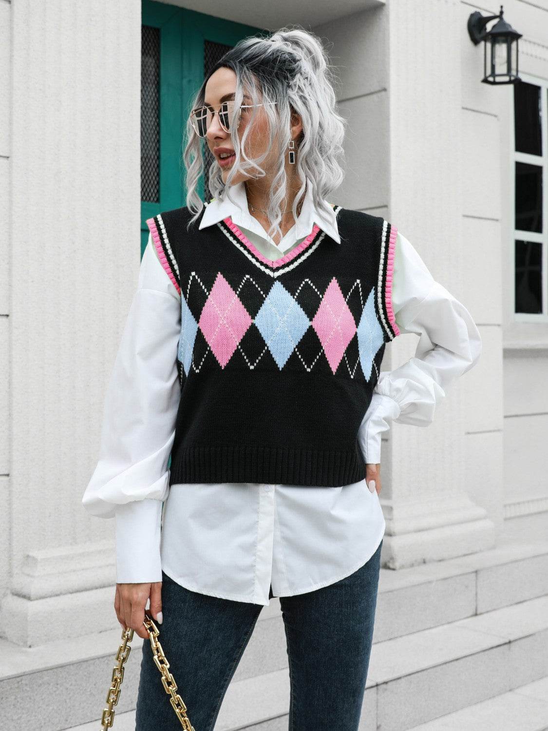 Geometric V-Neck Sweater Vest - Hovatok