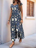 Perfee Printed Round Neck Cap Sleeve Wide Leg Jumpsuit - Hovatok