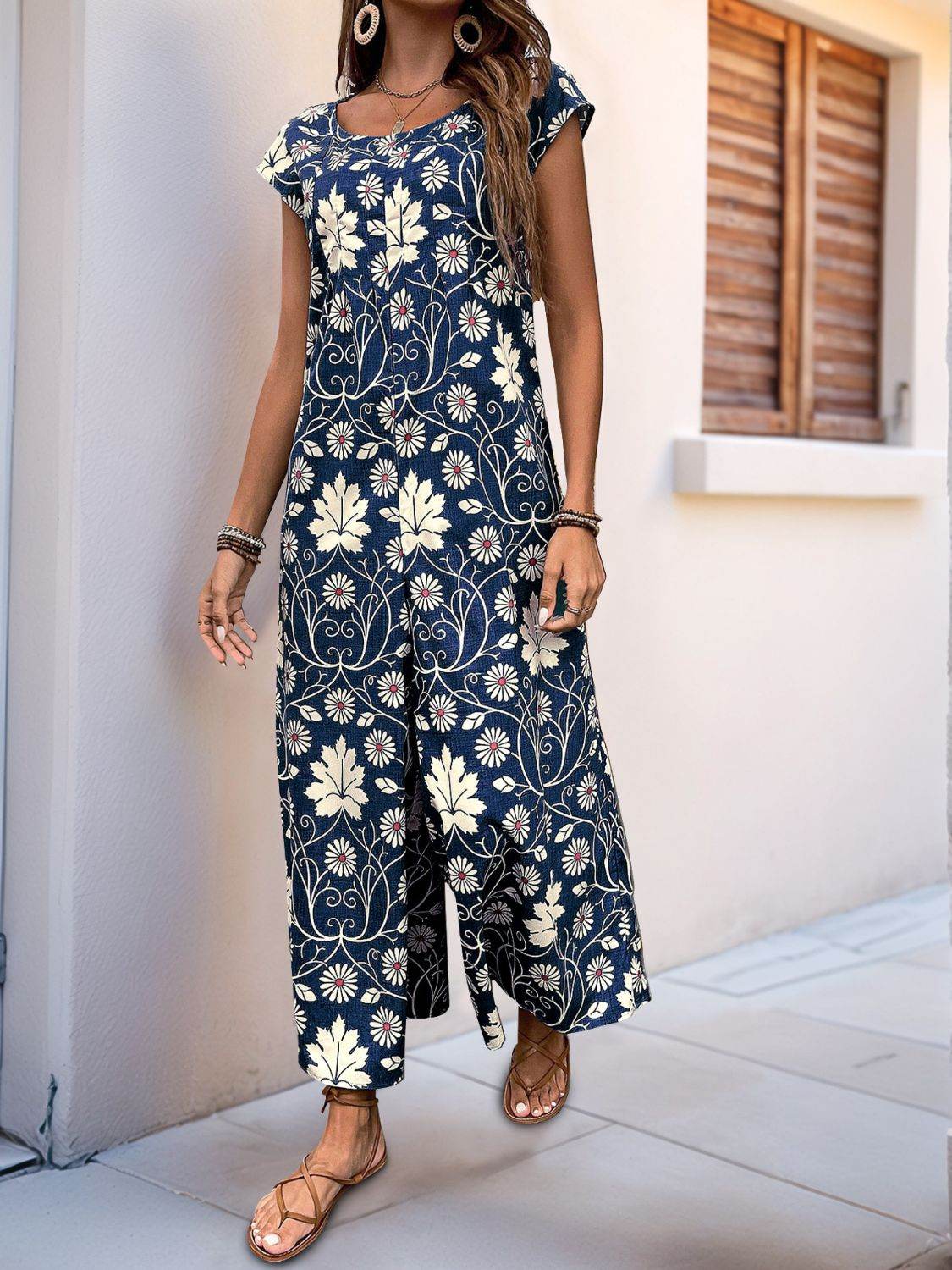Perfee Printed Round Neck Cap Sleeve Wide Leg Jumpsuit - Hovatok