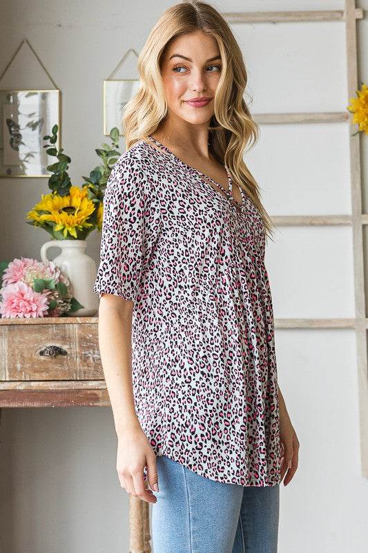 Heimish Full Size Short Sleeve Crisscross Animal Babydoll Top Plus Size - Hovatok