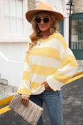Angel Wings Striped Balloon Sleeve Knit Pullover - Hovatok