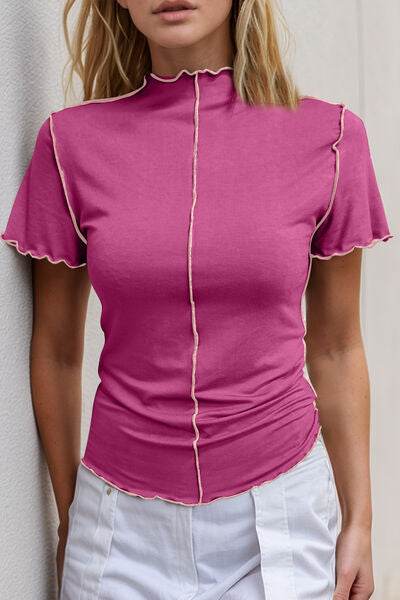 Basic Bae Contrast Trim Mock Neck Short Sleeve T-Shirt - Hovatok