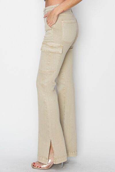 RISEN Full Size High Rise Side Slit Cargo Bootcut Jeans - Hovatok